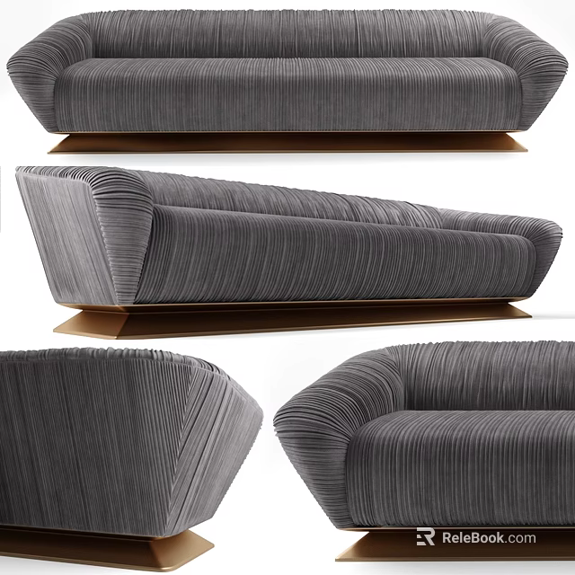 Modern Three Seater Sofa With Velvet Upholstery Striped Texture And Gold Metal Base 3d model 