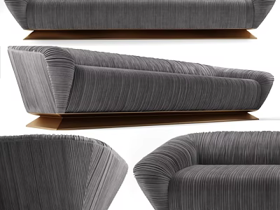 Modern Three Seater Sofa With Velvet Upholstery Striped Texture And Gold Metal Base 3d model