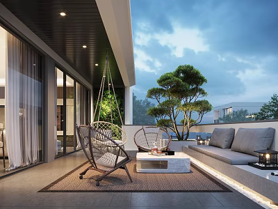 Modern Balcony Outdoor Relaxation Area With Wicker Chairs Swing Seat And Green Plants 3d model