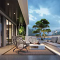 Modern Balcony Outdoor Relaxation Area With Wicker Chairs Swing Seat And Green Plants