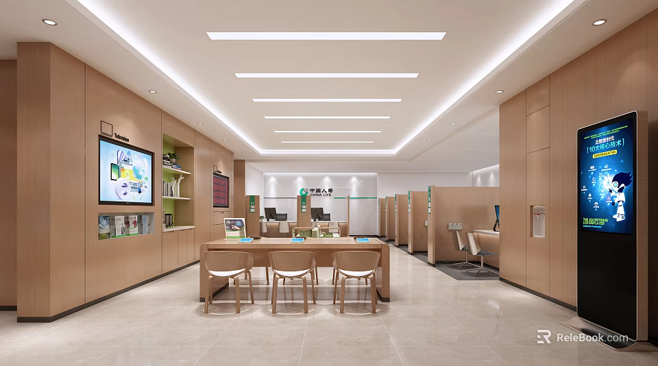 Bright Service Hall Interior With Wooden Walls Digital Screens And Waiting Seats 3d model 