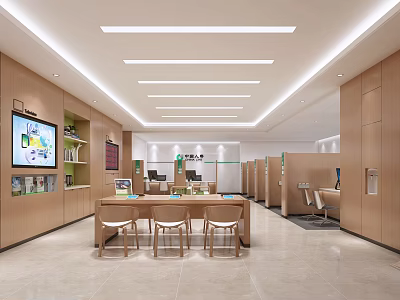 Bright Service Hall Interior With Wooden Walls Digital Screens And Waiting Seats 3d model