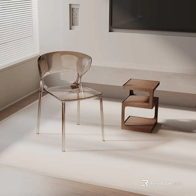 Transparent Leisure Chair With Wooden Side Table In Interior With White Wall And Blinds 3d model 