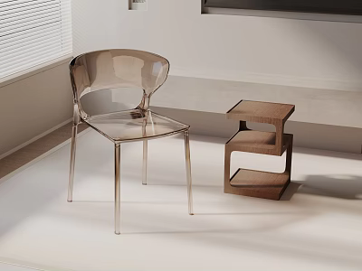 Transparent Leisure Chair With Wooden Side Table In Interior With White Wall And Blinds 3d model