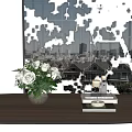 White Roses in Glass Vase with Green Leaves on Wooden Table by Window Blinds