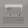 Modern Bathroom Vanity With White Cabinet Mirror Green Plant And Toiletries On Light Wall