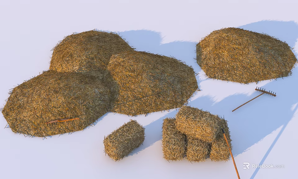 Rural Farm Scene with Large Haystacks Small Hay Bales and Metal Hay Rake 3d model 