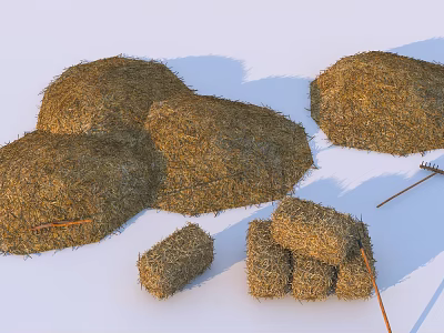 Rural Farm Scene with Large Haystacks Small Hay Bales and Metal Hay Rake 3d model