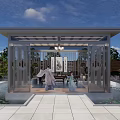 Modern Landscape Pavilion with Water Pond Lotus Leaves and People Under Blue Sky