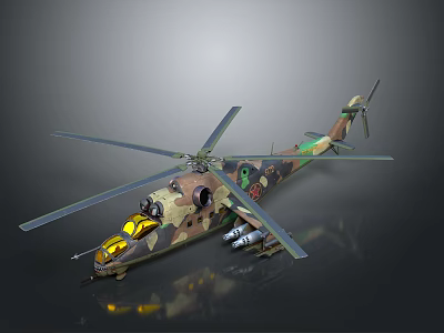 Military Helicopter With Camouflage Design Rotor Blades And Missiles On Gray Surface 3d model