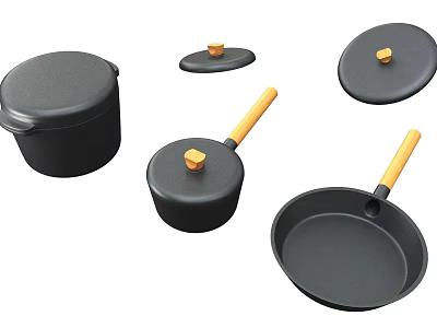 Black Cookware Set with Wooden Handles and Lids Including Frying Pans and Covered Pots 3d model