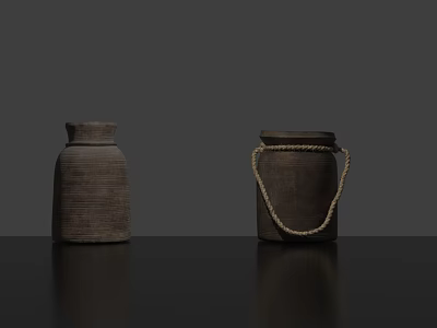 Two Textured Clay Jars One With Rope Handle On Black Tabletop Against Gray Background 3d model