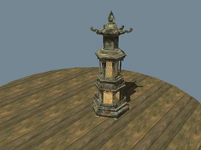 Traditional Bronze Pagoda Lantern With Multi Tier Design And Intricate Carvings On Wooden Floor 3d model