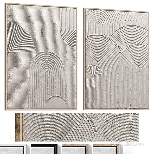 Two Piece Abstract Painting With Wavy Line Texture In Light Tone And Metallic Frame 3d model 