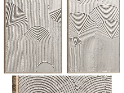Two Piece Abstract Painting With Wavy Line Texture In Light Tone And Metallic Frame 3d model