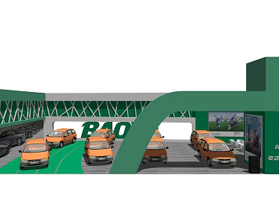 BAO Brand Orange Cars Display In Green Exhibition Structure With Modern Design 3d model