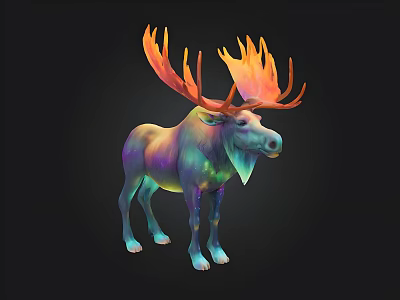 Colorful Moose With Flame Like Antlers And Iridescent Body On Black Background 3d model