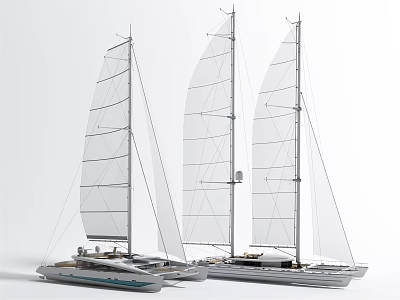 Two Large Sailboats With White Sails and Tall Masts in Elegant Design 3d model