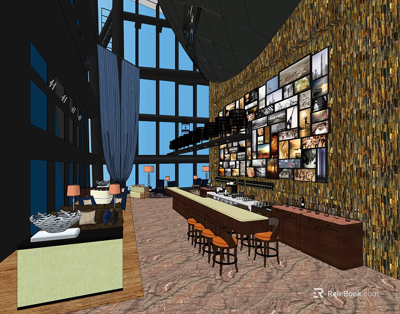 Modern Hotel Lobby Interior With Large Windows Decorative Mosaic Wall And Bar Counter Seating 3d model 