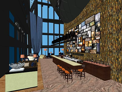 Modern Hotel Lobby Interior With Large Windows Decorative Mosaic Wall And Bar Counter Seating 3d model