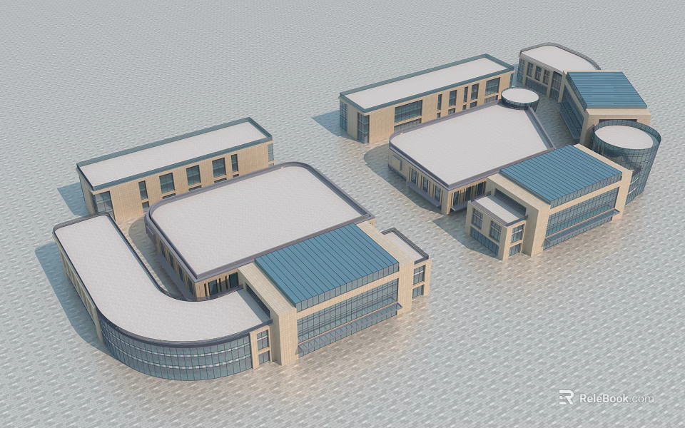 Modern Building Complex With Various Designs White And Blue Roofs And Curved Structures 3d model