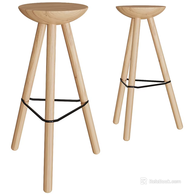 Minimalist Wooden Bar Stools Featuring Tripod Legs And Black Metal Straps For Modern Kitchen 3d model 