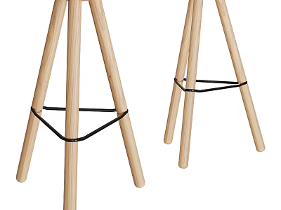 Minimalist Wooden Bar Stools Featuring Tripod Legs And Black Metal Straps For Modern Kitchen 3d model