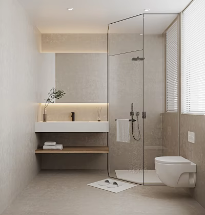 Modern Bathroom Interior Design With Glass Shower Wooden Shelf Mirror Lighting And White Sink 3d model