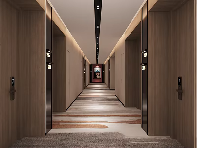 Modern Hotel Corridor With Wooden Walls Ceiling Lights And Geometric Pattern Carpet 3d model