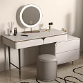 Elegant White Dressing Table with LED Mirror Gold Trim Drawers and Matching Stool 3d model