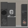 Modern Stacked Washer And Dryer With Gray Cabinets In Laundry Room