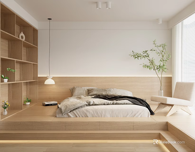 Modern Bedroom Interior Design With Wooden Bed Bookshelves Pendant Light And Green Plant 3d model 