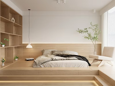 Modern Bedroom Interior Design With Wooden Bed Bookshelves Pendant Light And Green Plant 3d model