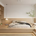 Modern Bedroom Interior Design With Wooden Bed Bookshelves Pendant Light And Green Plant