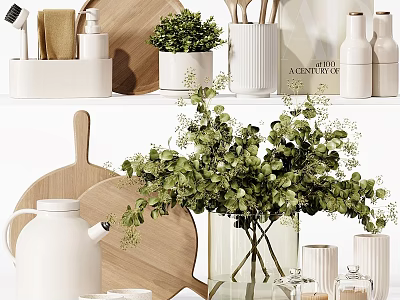 Elegant White Kitchenware With Wooden Cutting Boards Decorative Green Plants Kettle And Storage Containers 3d model