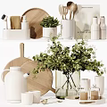 Elegant White Kitchenware With Wooden Cutting Boards Decorative Green Plants Kettle And Storage Containers
