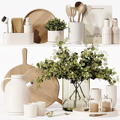 Elegant White Kitchenware With Wooden Cutting Boards Decorative Green Plants Kettle And Storage Containers 3d model