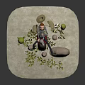 Adventurous Cartoon Character Riding Brown Horse In Desert With Green Cactus Grass And Rock