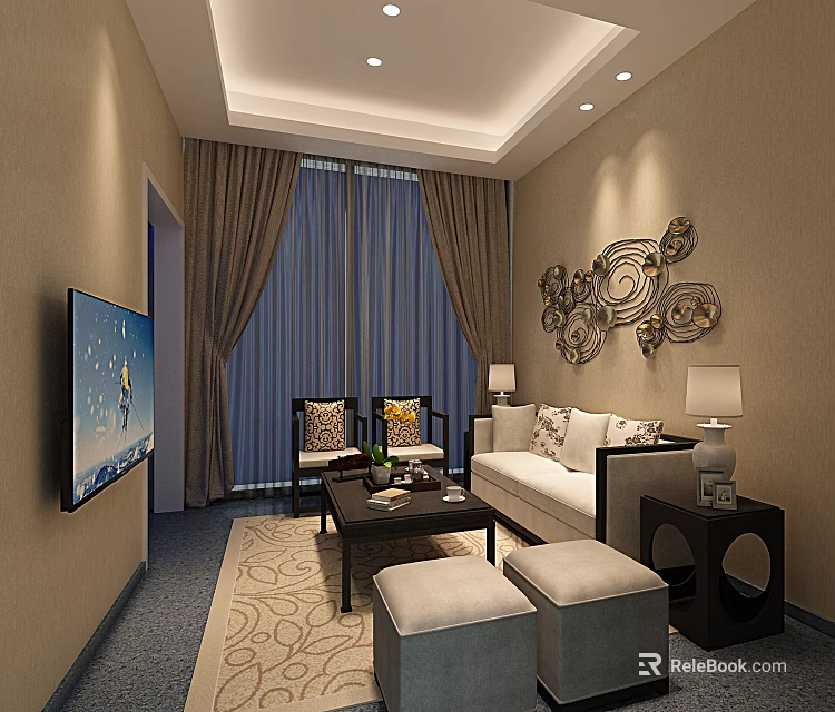Modern Living Room With Sofa TV Curtains Decorative Wall Art And Coffee Table 3d model 