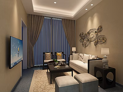 Modern Living Room With Sofa TV Curtains Decorative Wall Art And Coffee Table 3d model