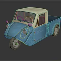 Vintage Blue Three Wheeled Truck Model With White Roof And Seats On Black Background