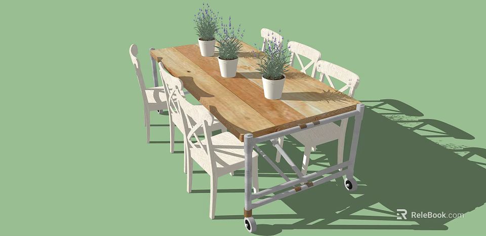 Dining Table Set With Wooden Tabletop White Chairs Lavender Plants And Metal Frame With Wheels 3d model 