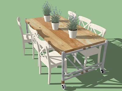 Dining Table Set With Wooden Tabletop White Chairs Lavender Plants And Metal Frame With Wheels 3d model