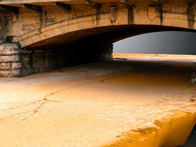 Stone Arch Bridge Structure With Yellow River Water Underneath And Cloudy Sky Background 3d model