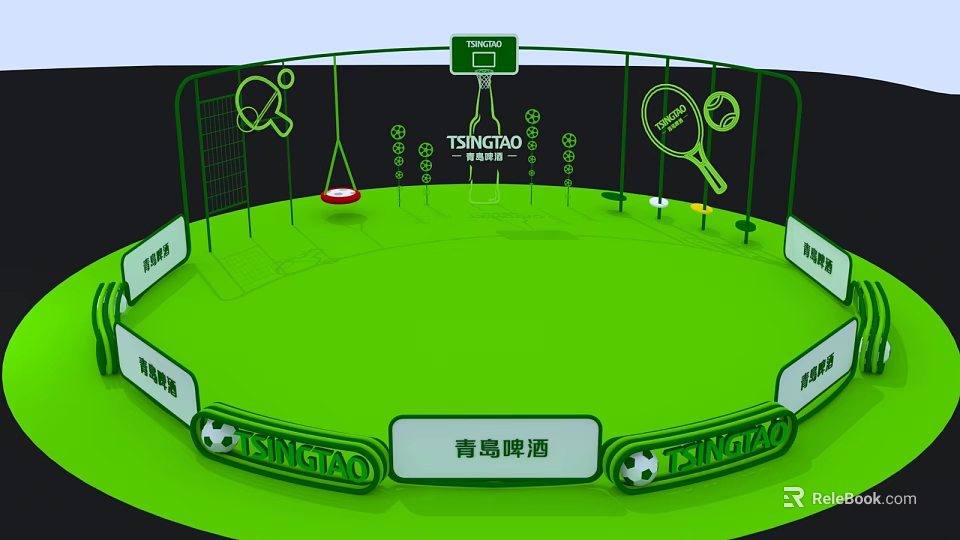 Tsingtao Interactive Zone With Basketball Hoop Table Tennis Racket Tennis Rackets Swing Green Area Seats 3d model 