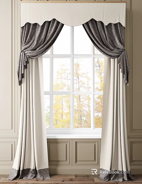 Velvet Gray Curtains With Bow Accents And White Lining For Large Window With Autumn Trees View 3d model 