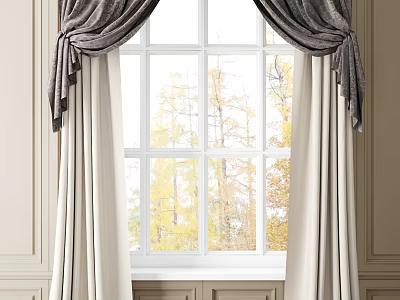 Velvet Gray Curtains With Bow Accents And White Lining For Large Window With Autumn Trees View 3d model
