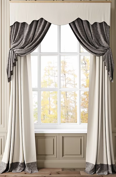 Velvet Gray Curtains With Bow Accents And White Lining For Large Window With Autumn Trees View 3d model