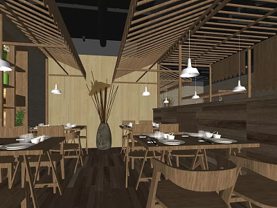 Wooden Restaurant Interior With Tables Chairs Hanging Lights And Decorative Vase 3d model