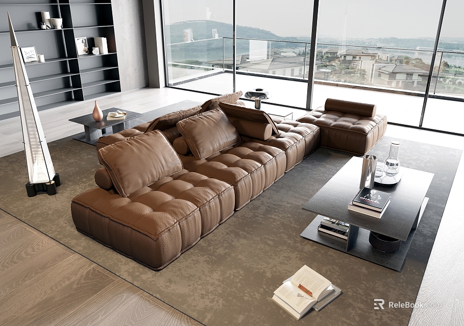 Modern Living Room Sofa and Coffee Table Set with Brown Leather Sectional and Glass Top 3d model 